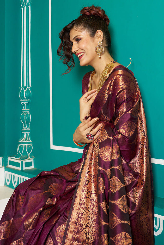 Inspiring Purple Soft Banarasi Silk Saree With Fairytale Blouse Piece Bvipul