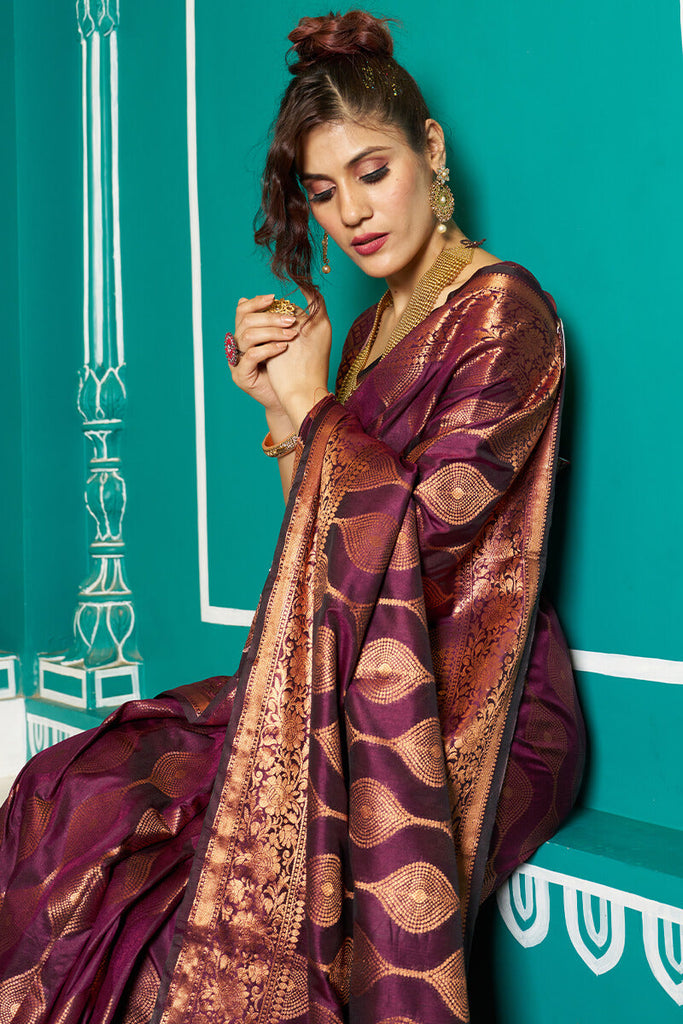 Inspiring Purple Soft Banarasi Silk Saree With Fairytale Blouse Piece Bvipul