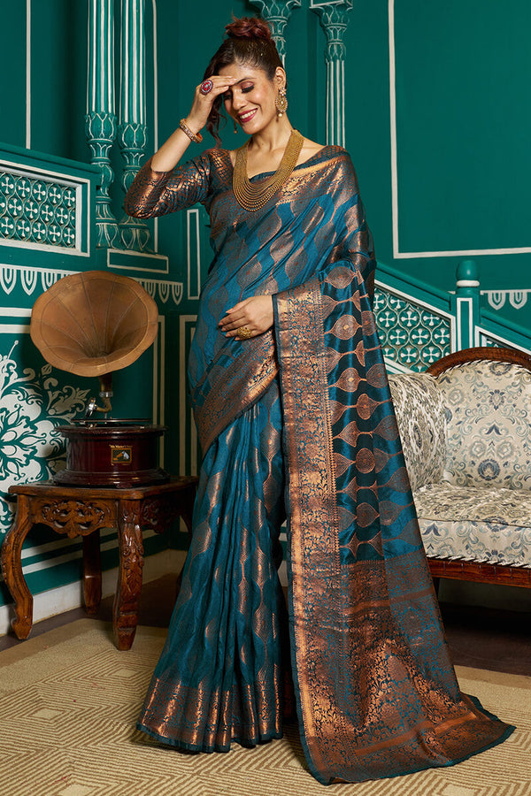 Desirable Rama Soft Banarasi Silk Saree With Most Stunning Blouse Piece Bvipul