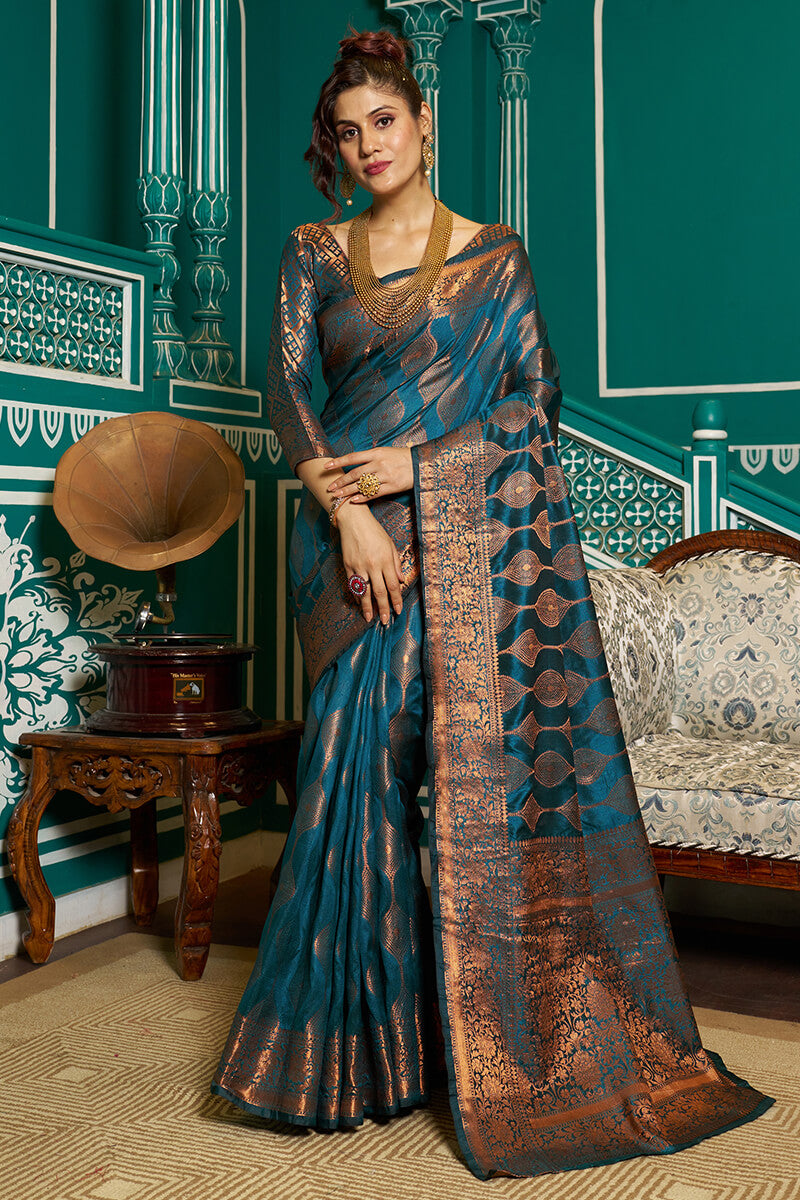 Desirable Rama Soft Banarasi Silk Saree With Most Stunning Blouse Piece Bvipul