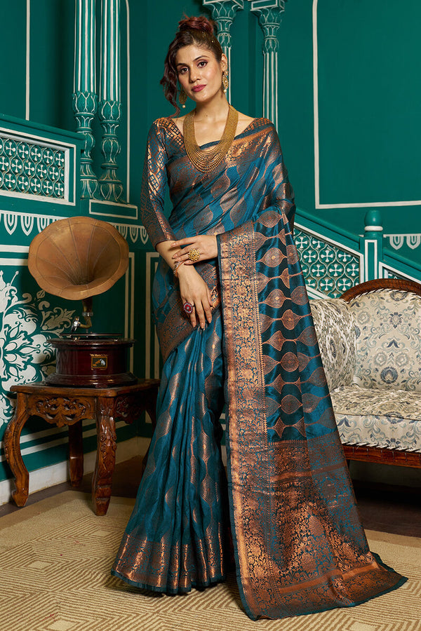 Desirable Rama Soft Banarasi Silk Saree With Most Stunning Blouse Piece Bvipul