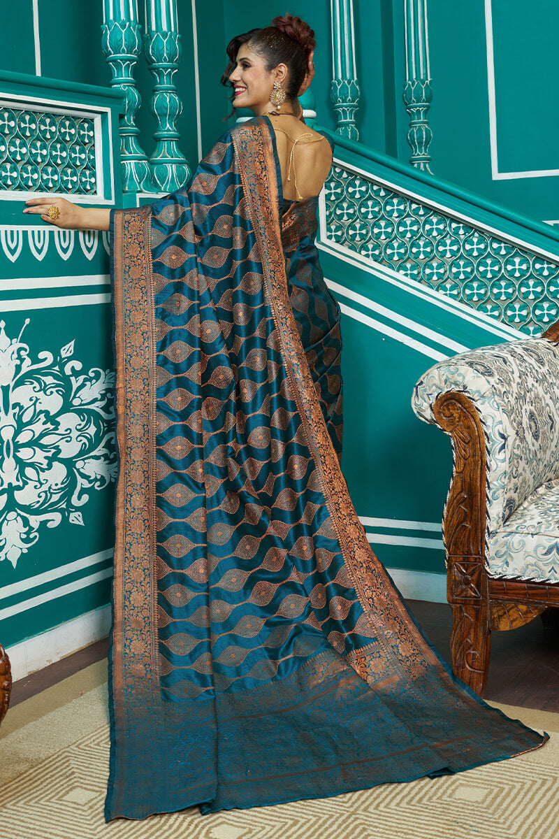 Desirable Rama Soft Banarasi Silk Saree With Most Stunning Blouse Piece Bvipul