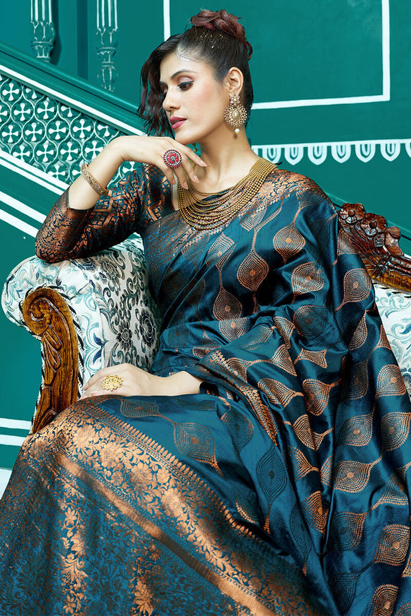 Desirable Rama Soft Banarasi Silk Saree With Most Stunning Blouse Piece Bvipul