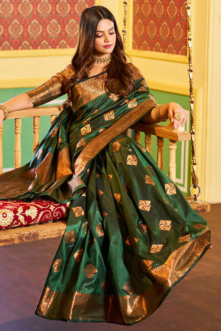 Traditional Dark Green Soft Banarasi Silk Saree With Ideal Blouse Piece Bvipul