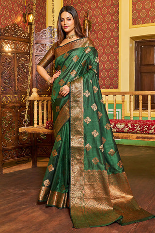 Traditional Dark Green Soft Banarasi Silk Saree With Ideal Blouse Piece Bvipul