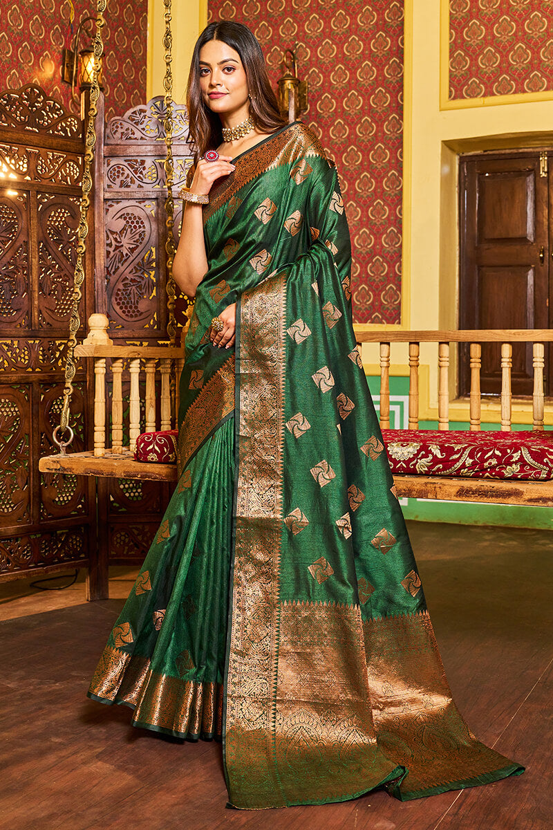 Traditional Dark Green Soft Banarasi Silk Saree With Ideal Blouse Piece Bvipul