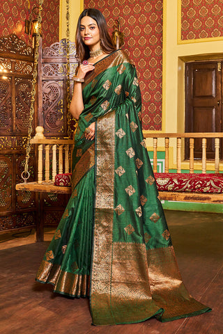 Traditional Dark Green Soft Banarasi Silk Saree With Ideal Blouse Piece Bvipul