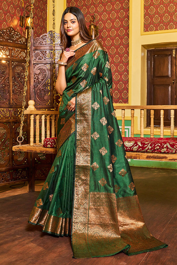 Traditional Dark Green Soft Banarasi Silk Saree With Ideal Blouse Piece Bvipul