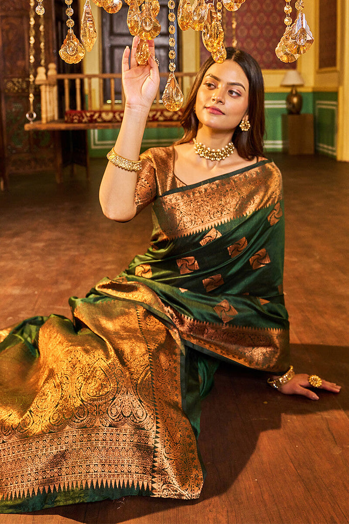 Traditional Dark Green Soft Banarasi Silk Saree With Ideal Blouse Piece Bvipul