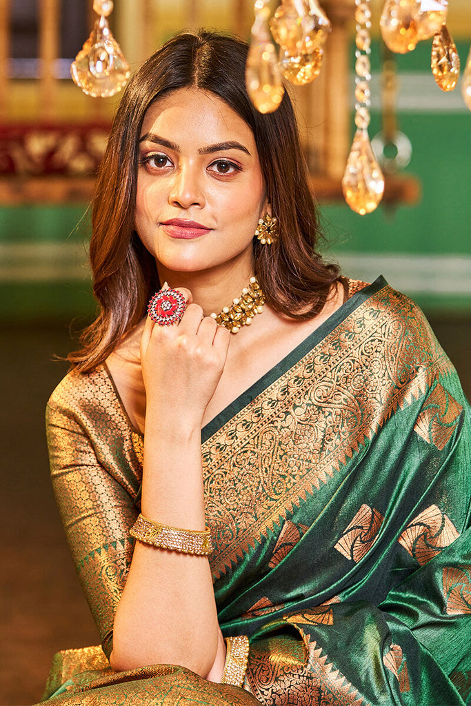 Traditional Dark Green Soft Banarasi Silk Saree With Ideal Blouse Piece Bvipul