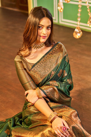 Traditional Dark Green Soft Banarasi Silk Saree With Ideal Blouse Piece Bvipul