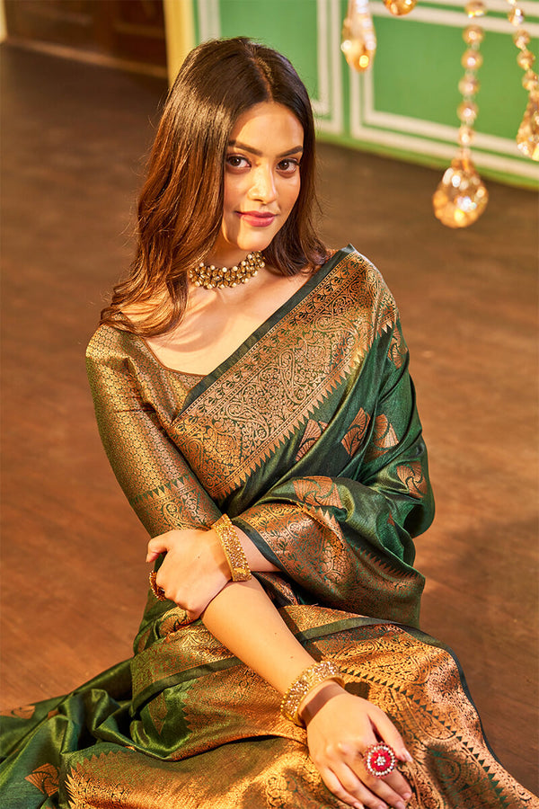 Traditional Dark Green Soft Banarasi Silk Saree With Ideal Blouse Piece Bvipul