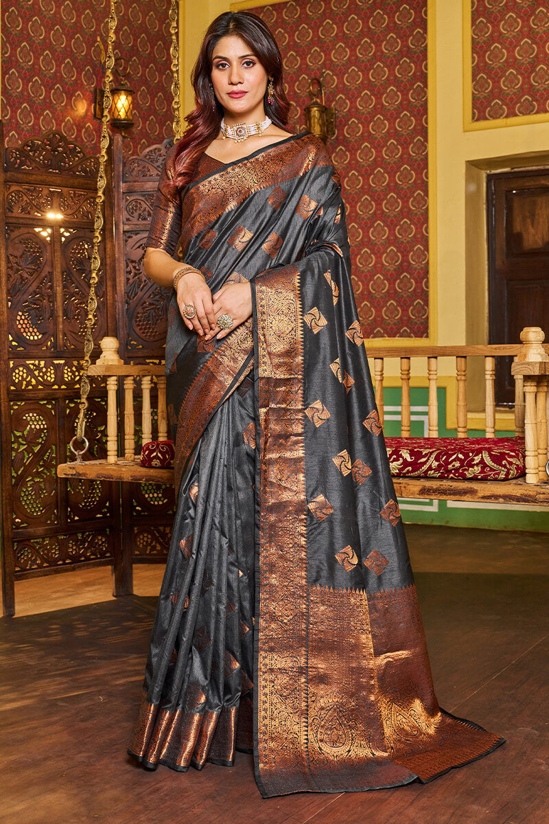 Admirable Grey Soft Banarasi Silk Saree With Beauteous Blouse Piece Bvipul Main image