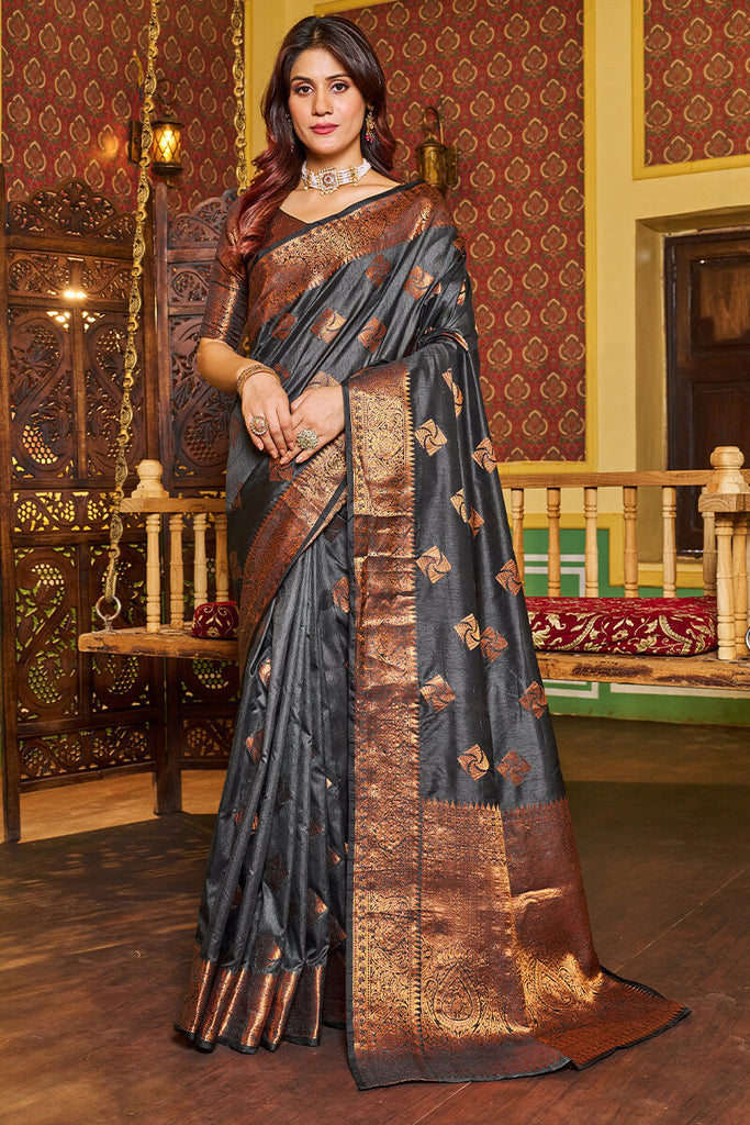 Admirable Grey Soft Banarasi Silk Saree With Beauteous Blouse Piece Bvipul