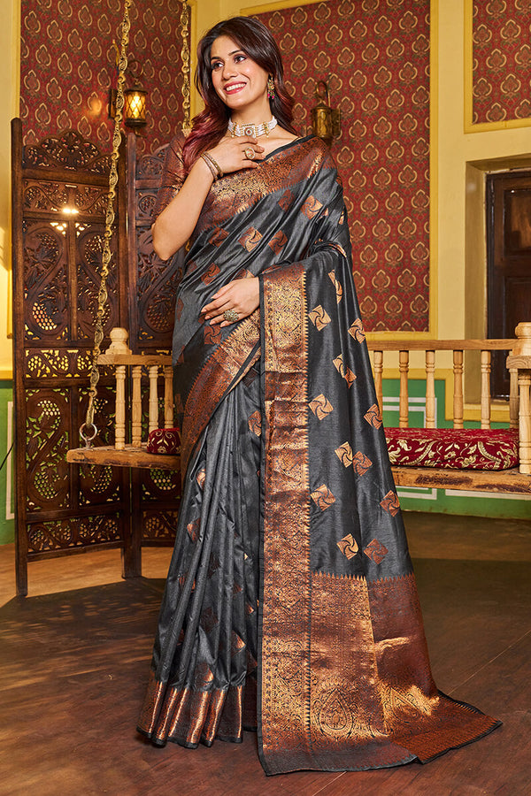 Admirable Grey Soft Banarasi Silk Saree With Beauteous Blouse Piece Bvipul