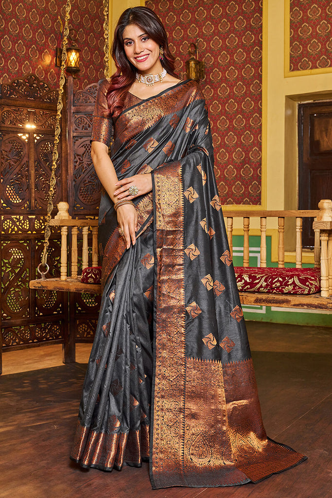 Admirable Grey Soft Banarasi Silk Saree With Beauteous Blouse Piece Bvipul