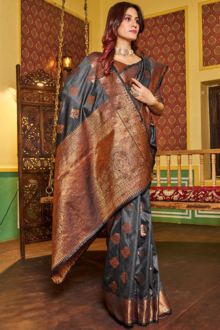 Admirable Grey Soft Banarasi Silk Saree With Beauteous Blouse Piece Bvipul