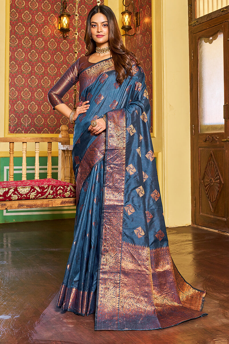 Assemblage Navy Blue Soft Banarasi Silk Saree With Beleaguer Blouse Piece Bvipul