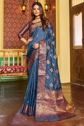 Assemblage Navy Blue Soft Banarasi Silk Saree With Beleaguer Blouse Piece Bvipul