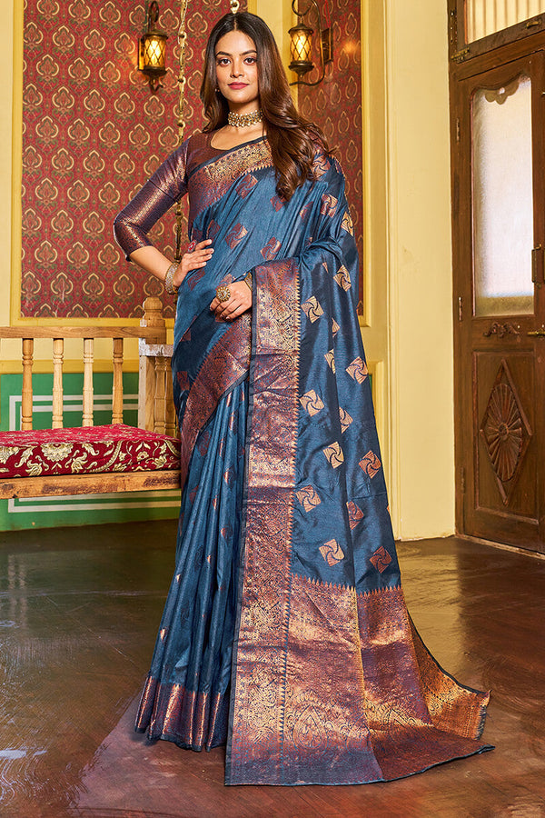 Assemblage Navy Blue Soft Banarasi Silk Saree With Beleaguer Blouse Piece Bvipul