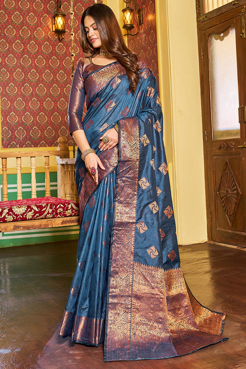 Assemblage Navy Blue Soft Banarasi Silk Saree With Beleaguer Blouse Piece Bvipul