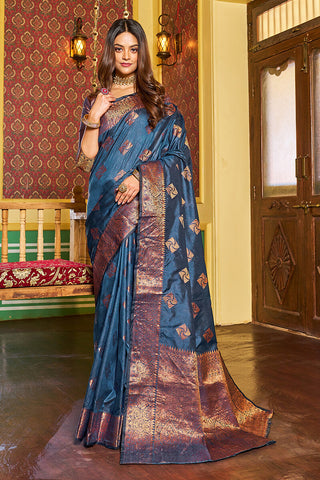 Assemblage Navy Blue Soft Banarasi Silk Saree With Beleaguer Blouse Piece Bvipul