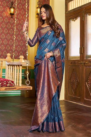 Assemblage Navy Blue Soft Banarasi Silk Saree With Beleaguer Blouse Piece Bvipul
