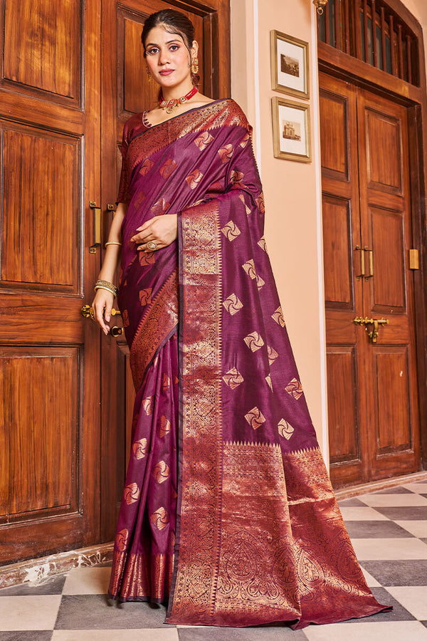 Cynosure Purple Soft Banarasi Silk Saree With Brood Blouse Piece Bvipul