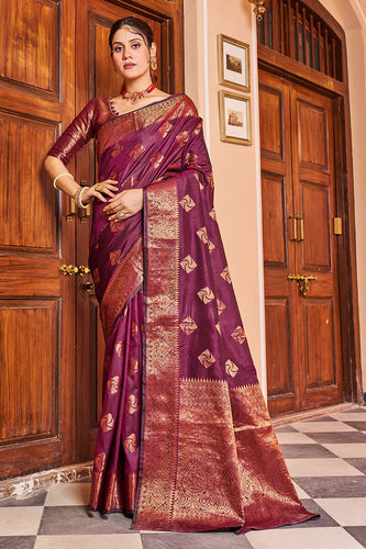 Cynosure Purple Soft Banarasi Silk Saree With Brood Blouse Piece Bvipul