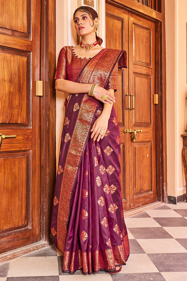 Cynosure Purple Soft Banarasi Silk Saree With Brood Blouse Piece Bvipul