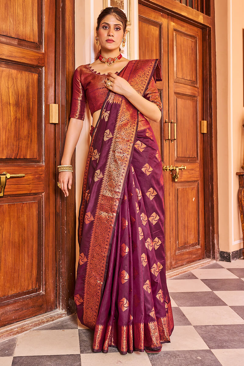 Cynosure Purple Soft Banarasi Silk Saree With Brood Blouse Piece Bvipul