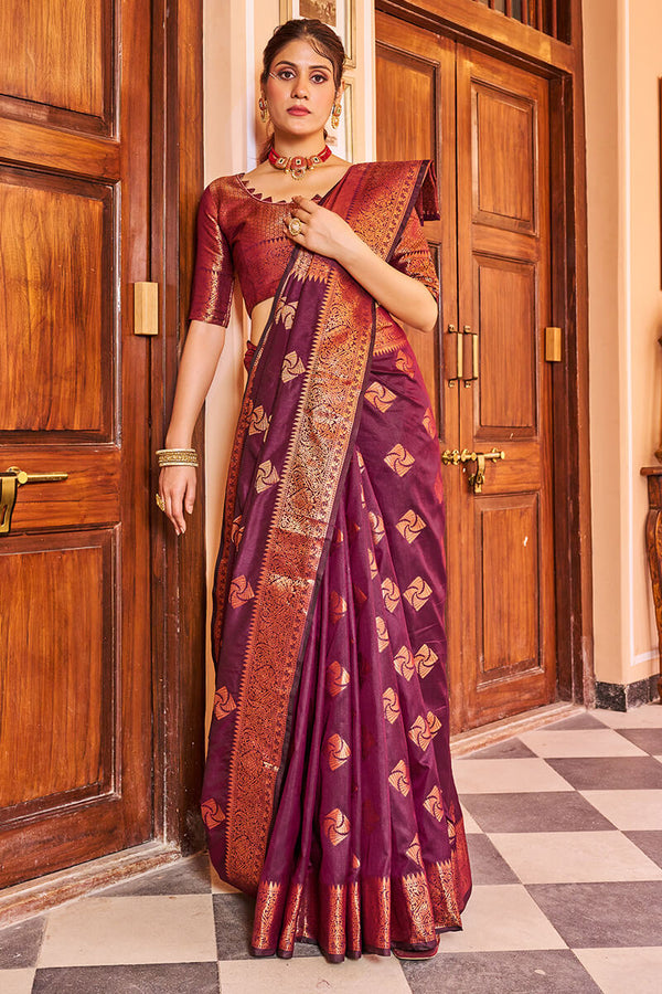 Cynosure Purple Soft Banarasi Silk Saree With Brood Blouse Piece Bvipul