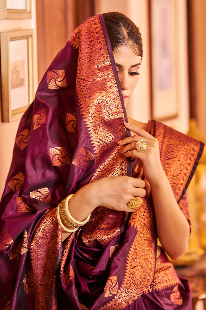 Cynosure Purple Soft Banarasi Silk Saree With Brood Blouse Piece Bvipul