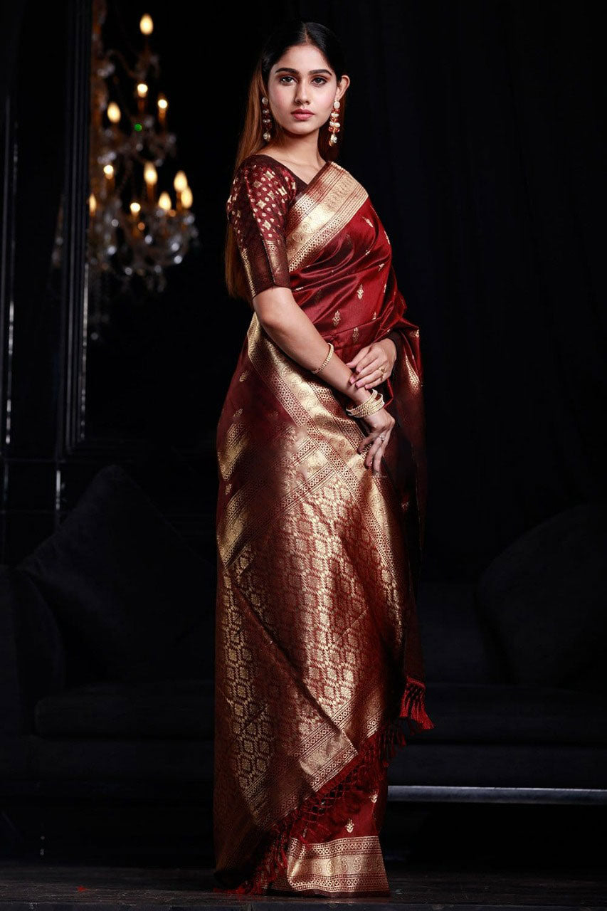 Lassitude Maroon Banarasi Silk Saree With Smashing Blouse Piece Bvipul Main image