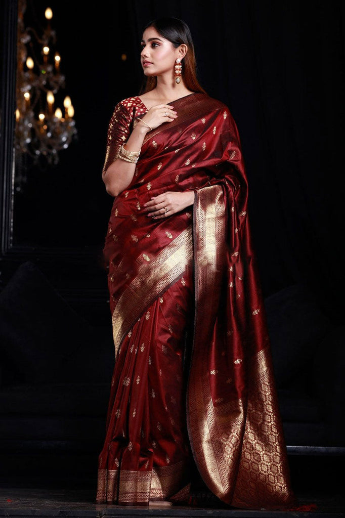 Lassitude Maroon Banarasi Silk Saree With Smashing Blouse Piece Bvipul