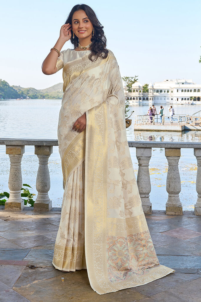 Glowing Beige Kanjivaram Silk Saree With Preferable Blouse Piece Bvipul