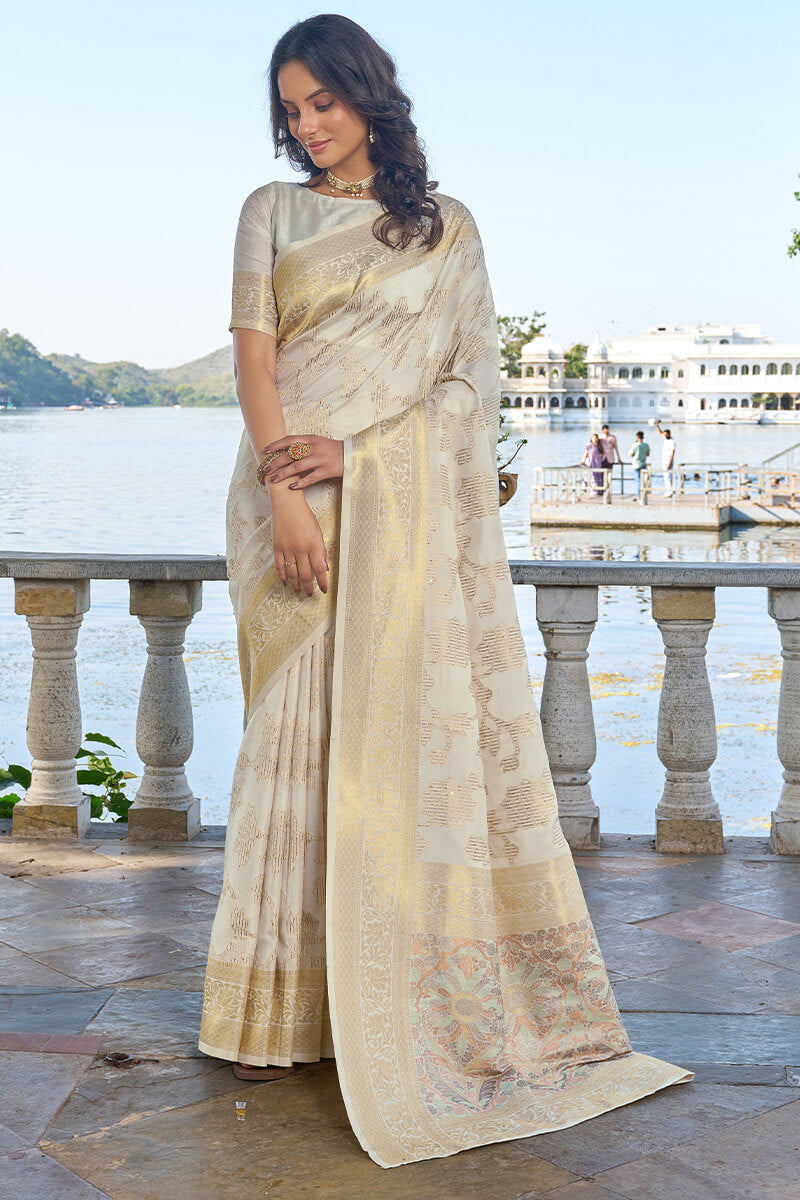 Glowing Beige Kanjivaram Silk Saree With Preferable Blouse Piece Bvipul