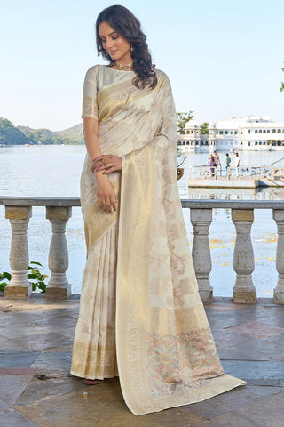 Glowing Beige Kanjivaram Silk Saree With Preferable Blouse Piece Bvipul