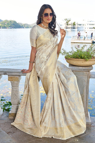 Glowing Beige Kanjivaram Silk Saree With Preferable Blouse Piece Bvipul