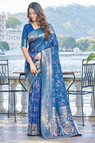 Beautiful Blue Kanjivaram Silk Saree With Entrancing Blouse Piece Bvipul