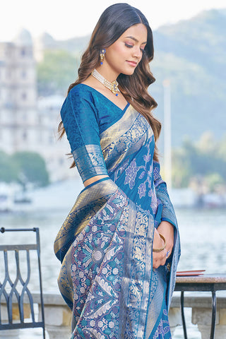 Beautiful Blue Kanjivaram Silk Saree With Entrancing Blouse Piece Bvipul