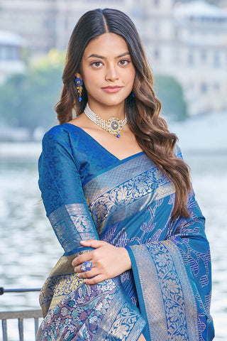 Beautiful Blue Kanjivaram Silk Saree With Entrancing Blouse Piece Bvipul