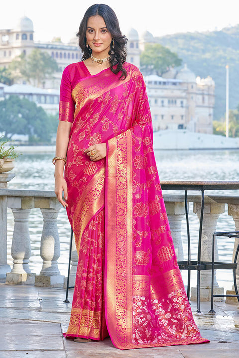 Smart Dark Pink Kanjivaram Silk Saree With Ailurophile Blouse Piece Bvipul Main image