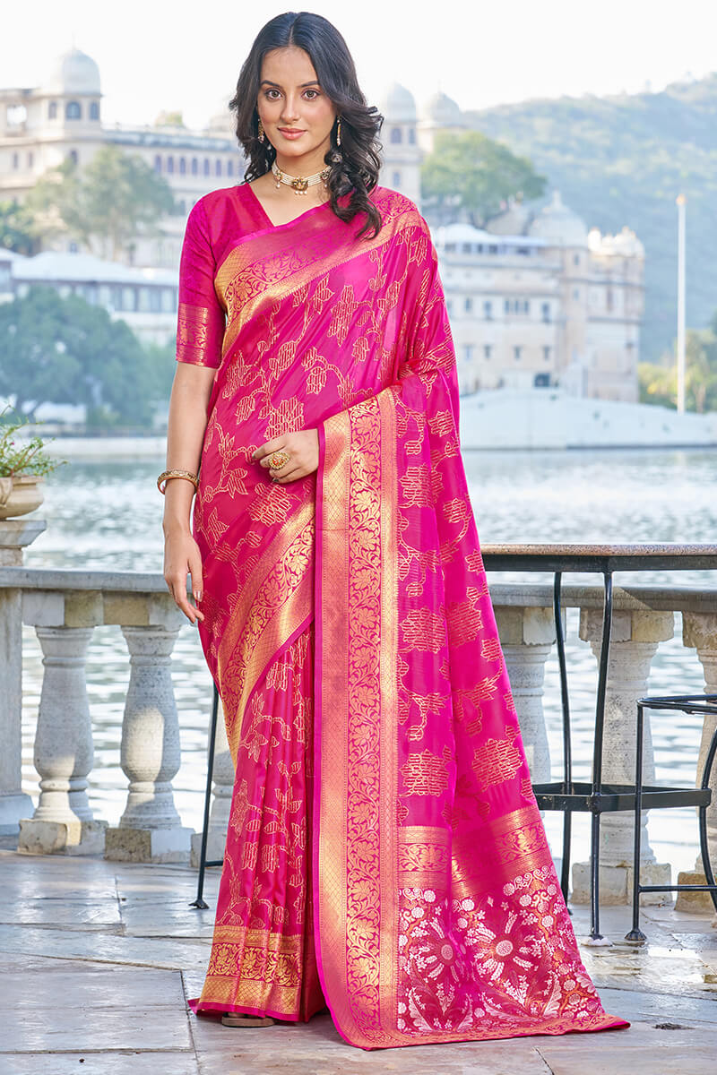 Smart Dark Pink Kanjivaram Silk Saree With Ailurophile Blouse Piece Bvipul Main image
