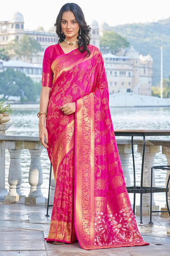 Smart Dark Pink Kanjivaram Silk Saree With Ailurophile Blouse Piece Bvipul