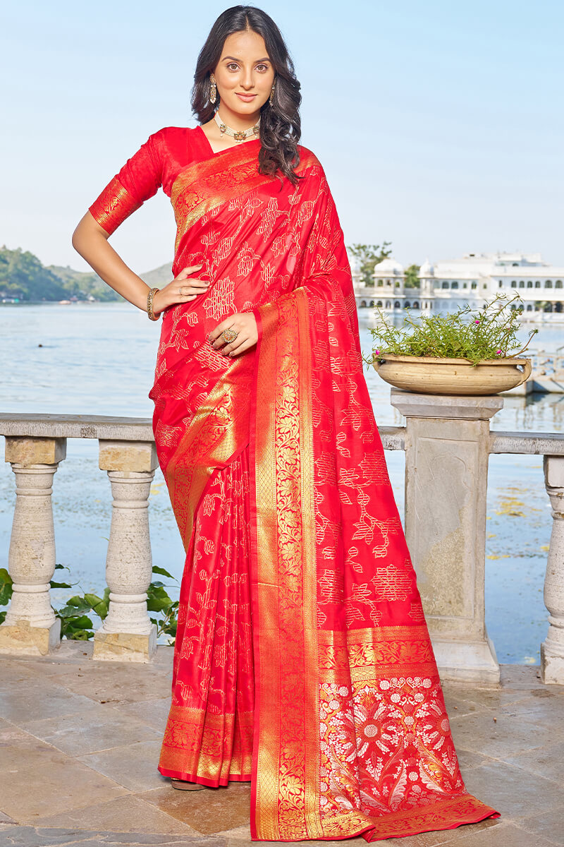 Desiring Red Kanjivaram Silk Saree With Supernal Blouse Piece Bvipul Main image
