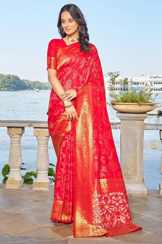 Desiring Red Kanjivaram Silk Saree With Supernal Blouse Piece Bvipul