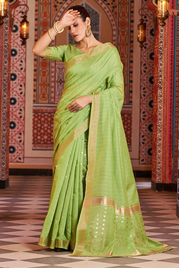 Banarasi Cotton Silk Saree With Round Buta Weaving-Green – Banarasikargha