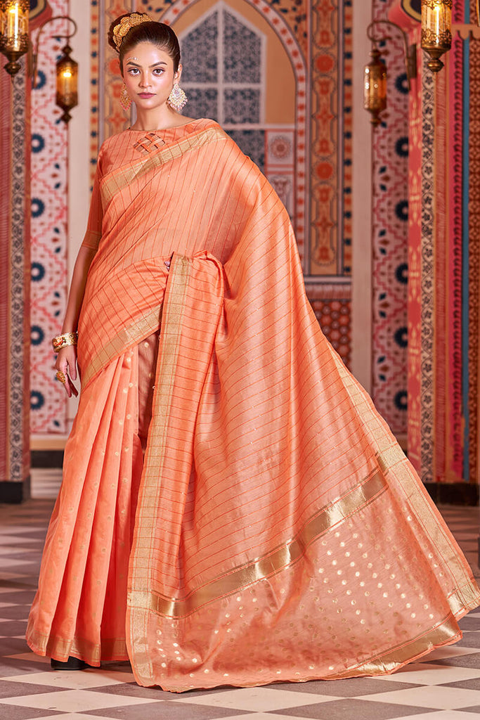 Redolent Orange Linen Cotton Silk Saree With Vestigial Blouse Piece Bvipul