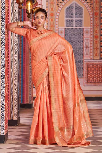 Redolent Orange Linen Cotton Silk Saree With Vestigial Blouse Piece Bvipul